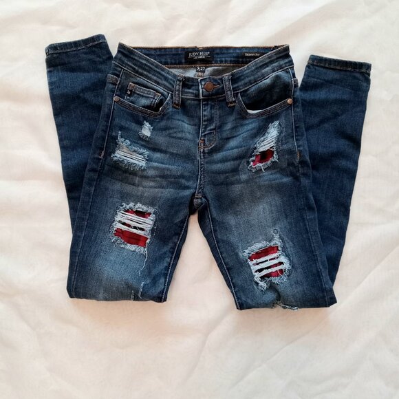 Judy Blue Los Angeles Skinny Fit Distressed Plaid Print Accent Y2k Grunge Jeans - Picture 1 of 9